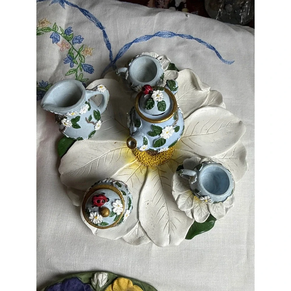 4 Miniature Floral Tea Sets Rose Daisy Butterfly Pansy Garden Decor Lot